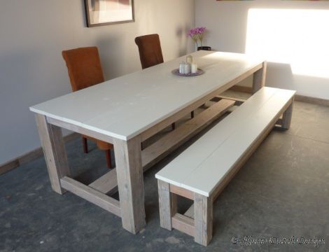 Bauholz Tisch Gera Landhausstil, Gestell Natur und Tischplatte Deckweiss