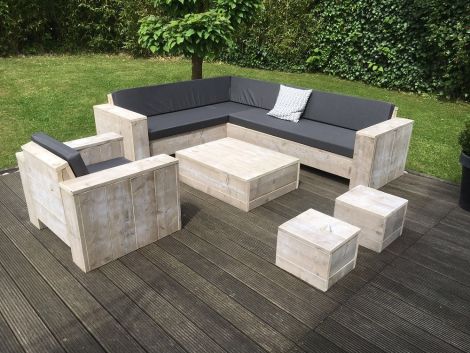 Bauholz Lounge Set Jever mit White Wash Öl, Cartenza 167 Graphite Kissen