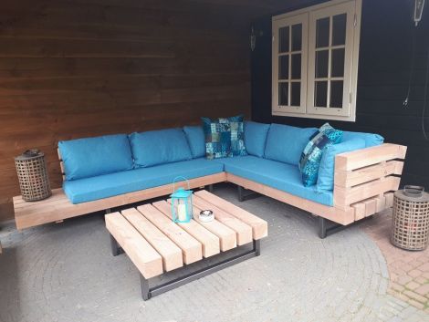 Douglasie Lounge Ecksofa Föhr mit Armlehne rechts, transparent Öl, Kissen Copacobana 220 Aqua Fresh