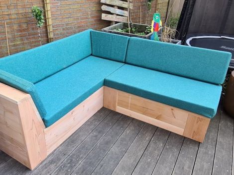 Douglasie Loungeecksofa Hamm 200 x 180 cm, transparent geölt, mit Kissen Copacobana 220 Aqua Fresh 