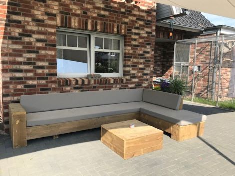 Bauholz Ecksofa Leverkusen transparent geölt mit Wifera 162 Anthracite Kissen